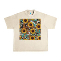Sandshell western sunflowers turquoise cowhide seamless background Urban Heavy Tee - RanaPortraitStore