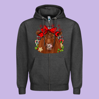 Christmas Red Angus Zipper Hoodie Designed By Jahusdesignshop