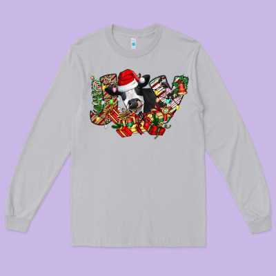 Christmas Joy Cow Long Sleeve Tee Designed By Cowhidedigitalart