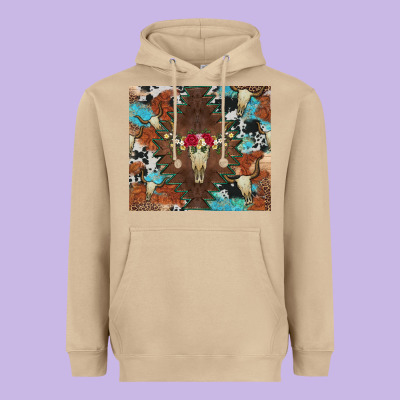 Western Floral Bullskull Cowhide And Leopard Heavyweight Hoodie Designed By Artiststas