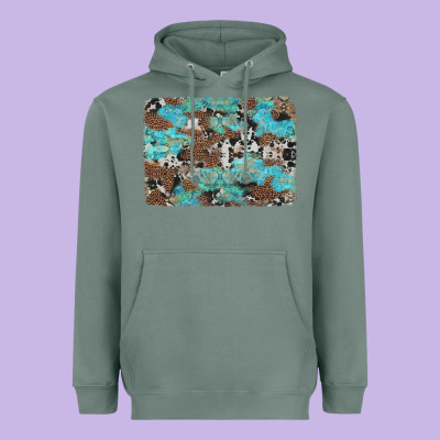 Western Cowhide And Leopard With Turquoise Background Heavyweight Hoodie Designed By Artiststas