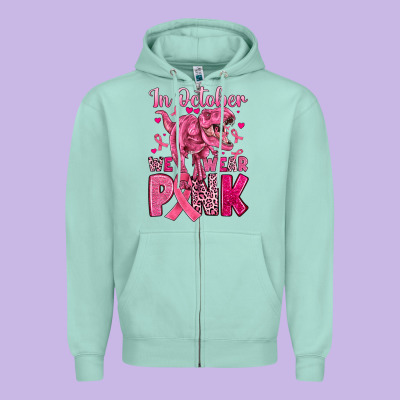 In October We Wear Pink Dinosaur Zipper Hoodie Designed By Jahusdesignshop