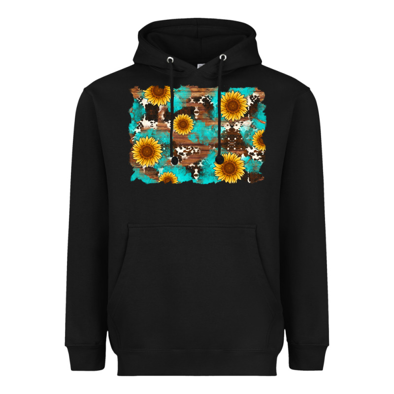 Sunflower And Cowhides With Wood And Turquoise Background Heavyweight Hoodie by Artiststas | Teevron