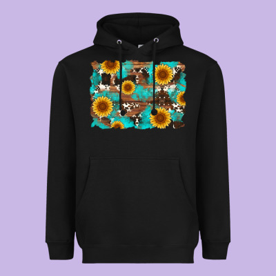 Sunflower And Cowhides With Wood And Turquoise Background Heavyweight Hoodie Designed By Artiststas