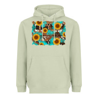 Matcha sunflower and cowhides with wood and turquoise background Heavyweight Hoodie - Artiststas