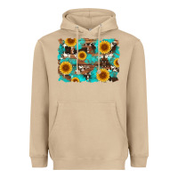 Mushroom sunflower and cowhides with wood and turquoise background Heavyweight Hoodie - Artiststas