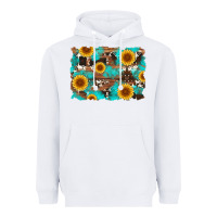 White sunflower and cowhides with wood and turquoise background Heavyweight Hoodie - Artiststas