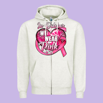 In October We Wear Pink Heart Zipper Hoodie Designed By Jahusdesignshop