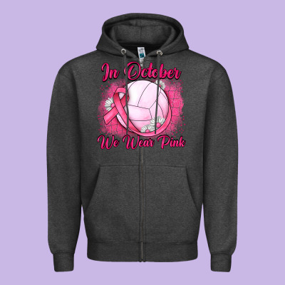 In October We Wear Pink Breast Cancer Valleybal Zipper Hoodie Designed By Jahusdesignshop
