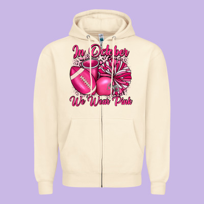 In October We Wear Pink Cheer With Football Breast Zipper Hoodie Designed By Jahusdesignshop