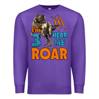 Purple i'm three hear me roar dinosaur birthday Premium Sweatshirt - LillyAllenDesigns