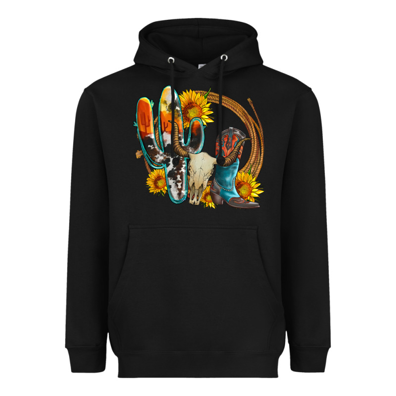 Western Cactus Bullskull And Boots With Sunflowers And Serape Leopard Heavyweight Hoodie by Artiststas | Teevron