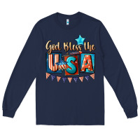 Navy God bless the USA 4th of july Long Sleeve Tee - CowGirlArtShop