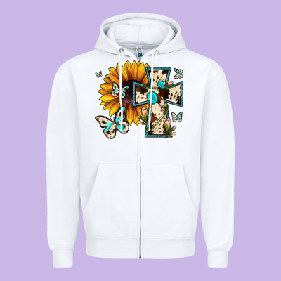 Cross With Sunflower Zipper Hoodie Designed By Jahusdesignshop
