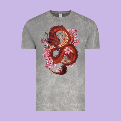 Vintage Tee red dragon and sakura cherry blossoms