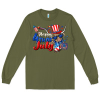 Army Green Happy 4th of July cow Long Sleeve Tee - CowGirlArtShop