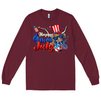 Burgundy Happy 4th of July cow Long Sleeve Tee - CowGirlArtShop