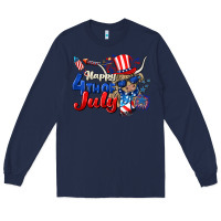Navy Happy 4th of July cow Long Sleeve Tee - CowGirlArtShop