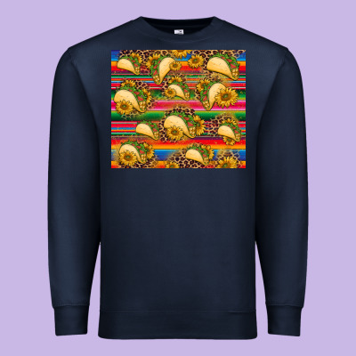 Tacos And Sunflowers With Serape Leopard Background Premium Sweatshirt Designed By Barkaloodesign