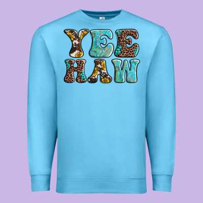 Western Sunflowers Turquoise Leopard Yee Haw Premium Sweatshirt Designed By Barkaloodesign