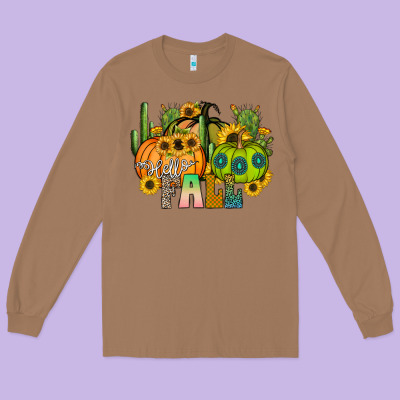 Hello Fall Long Sleeve Tee Designed By Cowhidedigitalart