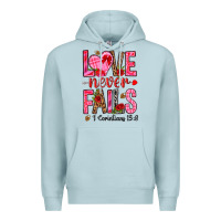 Blue Mist love never fails i corintians 13 8 Premium Hoodie - NancyCooperArtShop