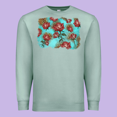Red Roses With Leopard Background Premium Sweatshirt Designed By Lillyallendesigns