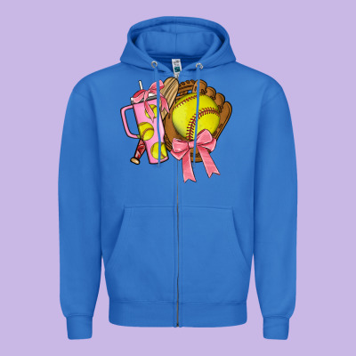 Softball Coquette Bow Zipper Hoodie Designed By Jahusdesignshop