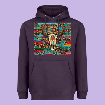 Western Serape Leopard Bull Skull Turquoise Tumbler Heavyweight Hoodie Designed By Artiststas