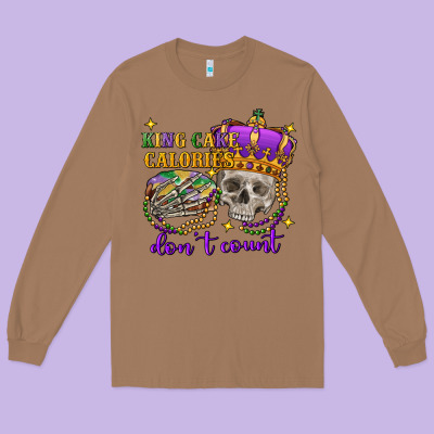 King Cake Calories Don't Count Skull Long Sleeve Tee Designed By Fadigitalartstudio