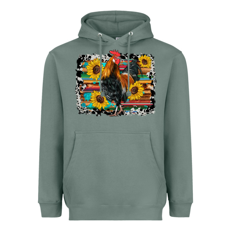 Western Rooster Coop Animals Sunflowers Cowhide Serape Wooden Heavyweight Hoodie by Artiststas | Teevron