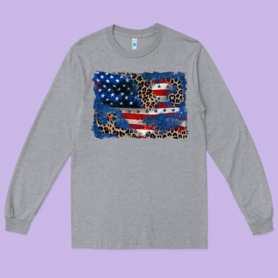 Leopard Glitter American Flag 4th Of July Long Sleeve Tee Designed By Cowgirlartshop