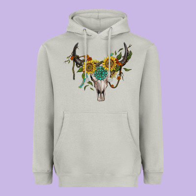 Boho Bullskull With Sunflower And Gemstone Heavyweight Hoodie Designed By Artiststas