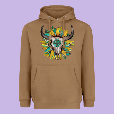 Boho Bullskull With Sunflower And Gemstone Heavyweight Hoodie Designed By Artiststas