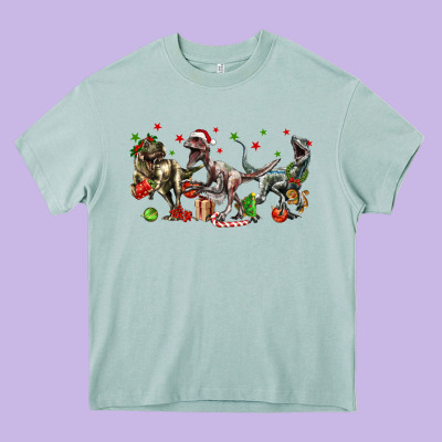 Three Christmas Dinosaurs Heavy Core Tee Designed By Lillyallendesigns