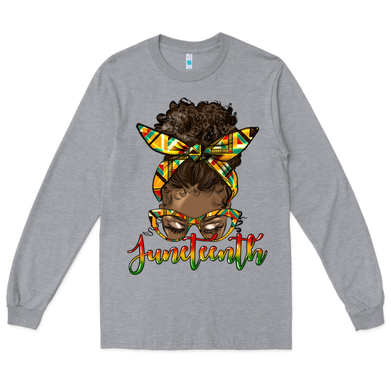 Juneteenth Black Woman Messy Bun Long Sleeve Tee by HRA Design Shop | Teevron