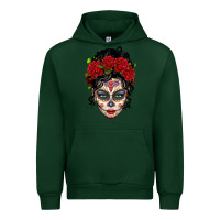 Forest Green mexican sugar skull messy bun woman Urban Hoodie - LillyAllenDesigns