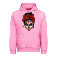 Fuchsia Pink mexican sugar skull messy bun woman Urban Hoodie - LillyAllenDesigns