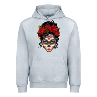 Heather Grey mexican sugar skull messy bun woman Urban Hoodie - LillyAllenDesigns