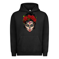 Pigment Black mexican sugar skull messy bun woman Urban Hoodie - LillyAllenDesigns