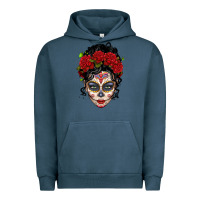 Pigment Midnight Navy mexican sugar skull messy bun woman Urban Hoodie - LillyAllenDesigns