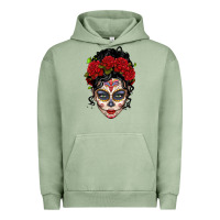 Pigment Oil Green mexican sugar skull messy bun woman Urban Hoodie - LillyAllenDesigns