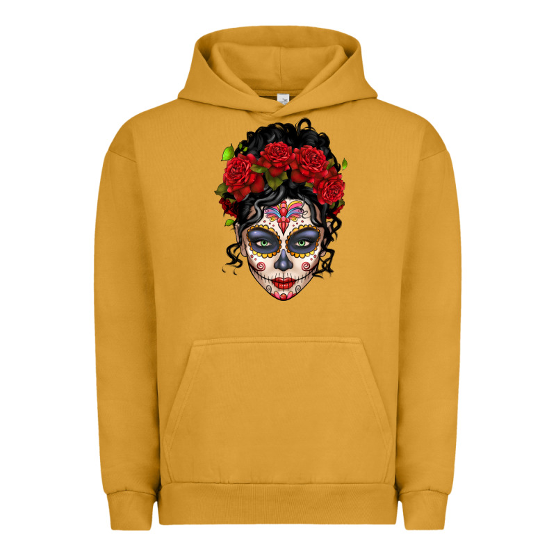Mexican Sugar Skull Messy Bun Woman Urban Hoodie by LillyAllenDesigns | Teevron