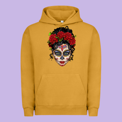 Mexican Sugar Skull Messy Bun Woman Urban Hoodie Designed By Lillyallendesigns