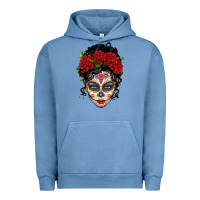 Pigment Pebble Blue mexican sugar skull messy bun woman Urban Hoodie - LillyAllenDesigns