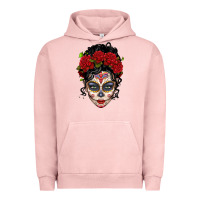 Pigment Salmon mexican sugar skull messy bun woman Urban Hoodie - LillyAllenDesigns