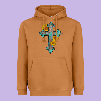 Turquoise Sunflower Cross Heavyweight Hoodie Designed By Adodesignshop