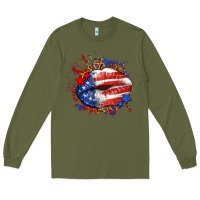 Army Green Leopard American flag lips Long Sleeve Tee - Neo Western