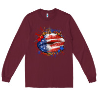 Burgundy Leopard American flag lips Long Sleeve Tee - Neo Western