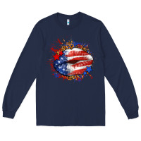 Navy Leopard American flag lips Long Sleeve Tee - Neo Western
